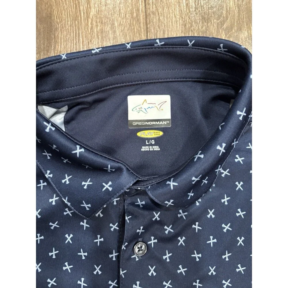 Greg‎ Norman Mens Size L Play Dry Golf Polo With Golf Tee Motif Navy Blue EUC